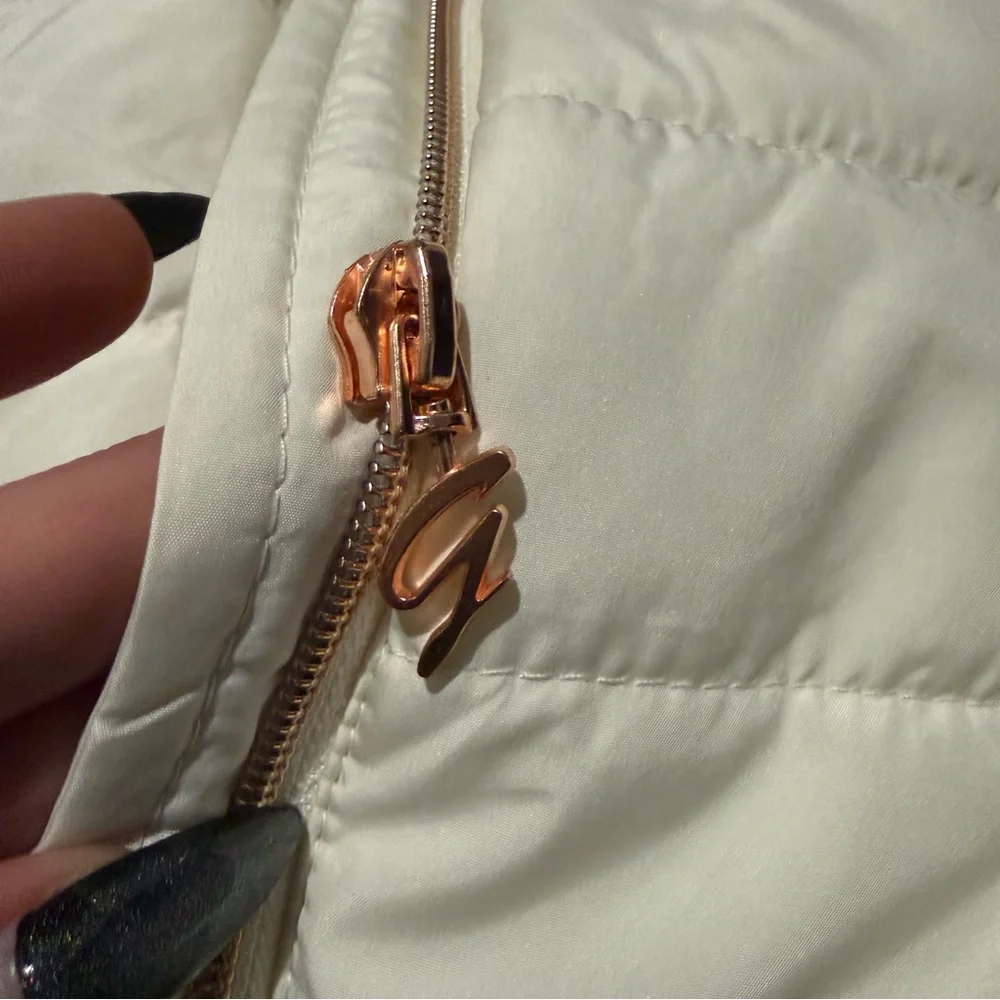 Guess Ivory Quilted Jacket with Faux Fur Hood